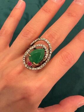 Anthropologie Green Teardrop Adjustable Ring with Sparkling Halo